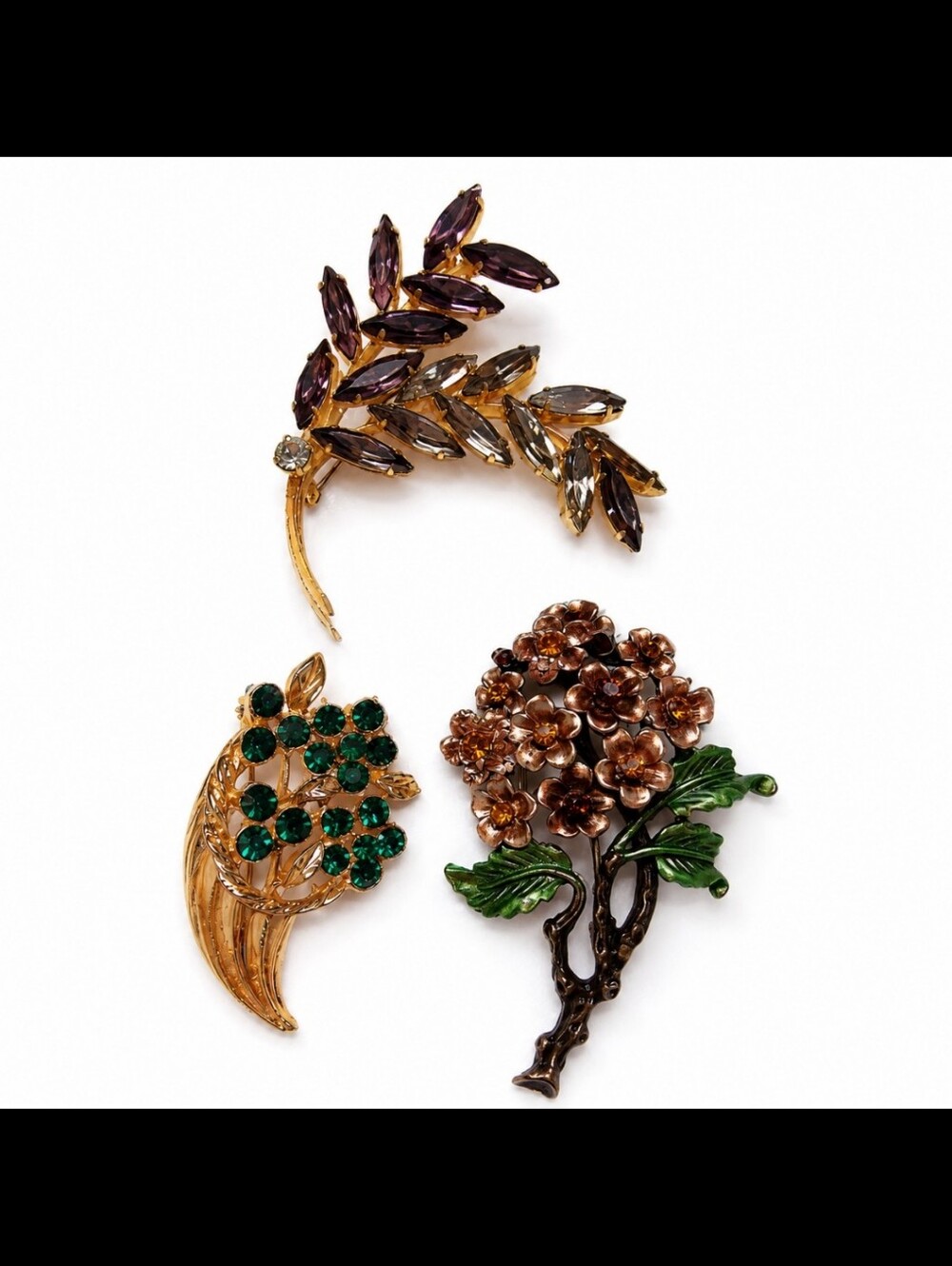 Lot of 3 Vintage Retro  Gold Tone Brooches Rhinestone Leaf & Flower Designs